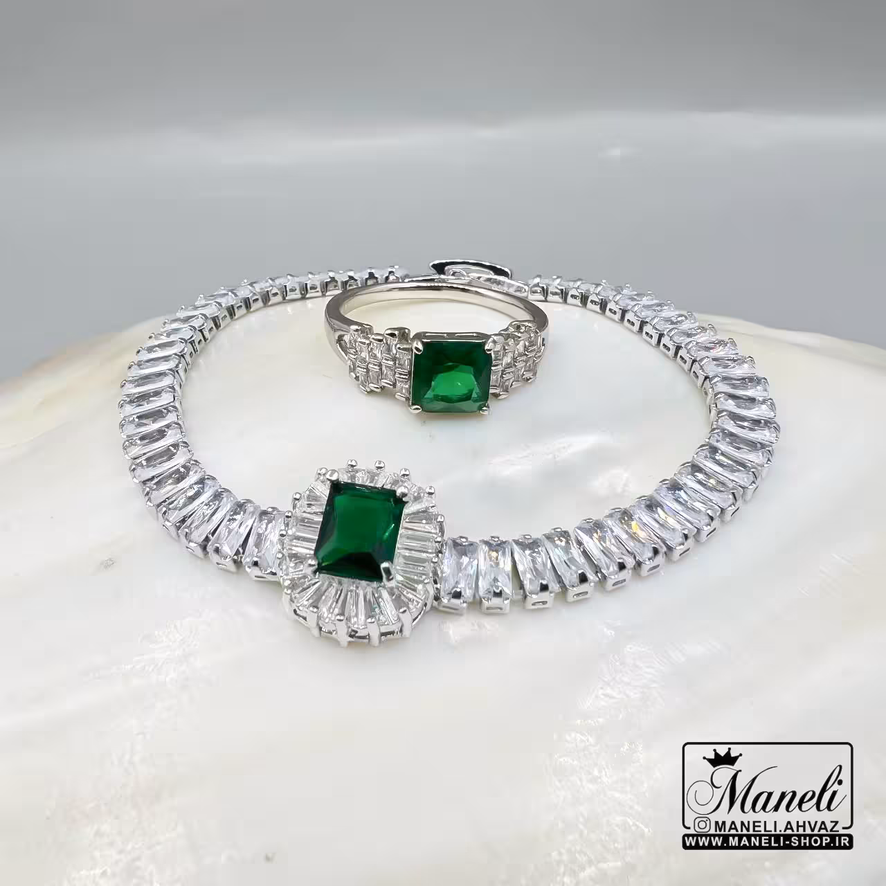 ست دستبند و انگشتر نگین سبز|14040454