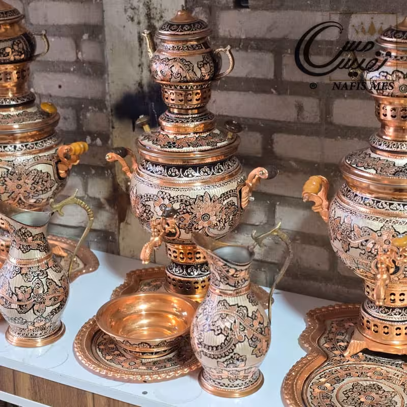 سماور نقره کوب مسی با سرویس کامل ساخت زنجان