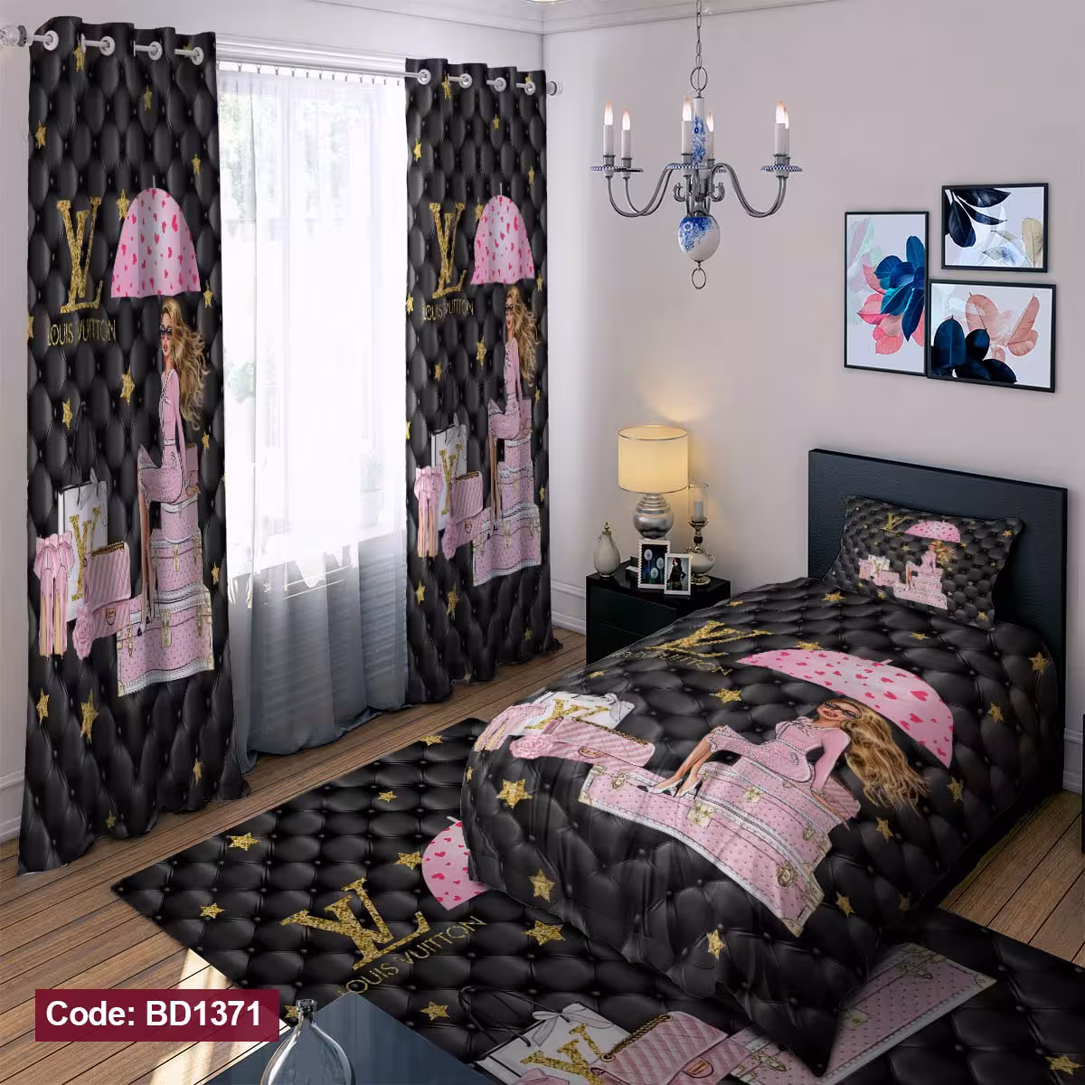 پرده پانچی مخمل چاپی دخترانه کد 1371