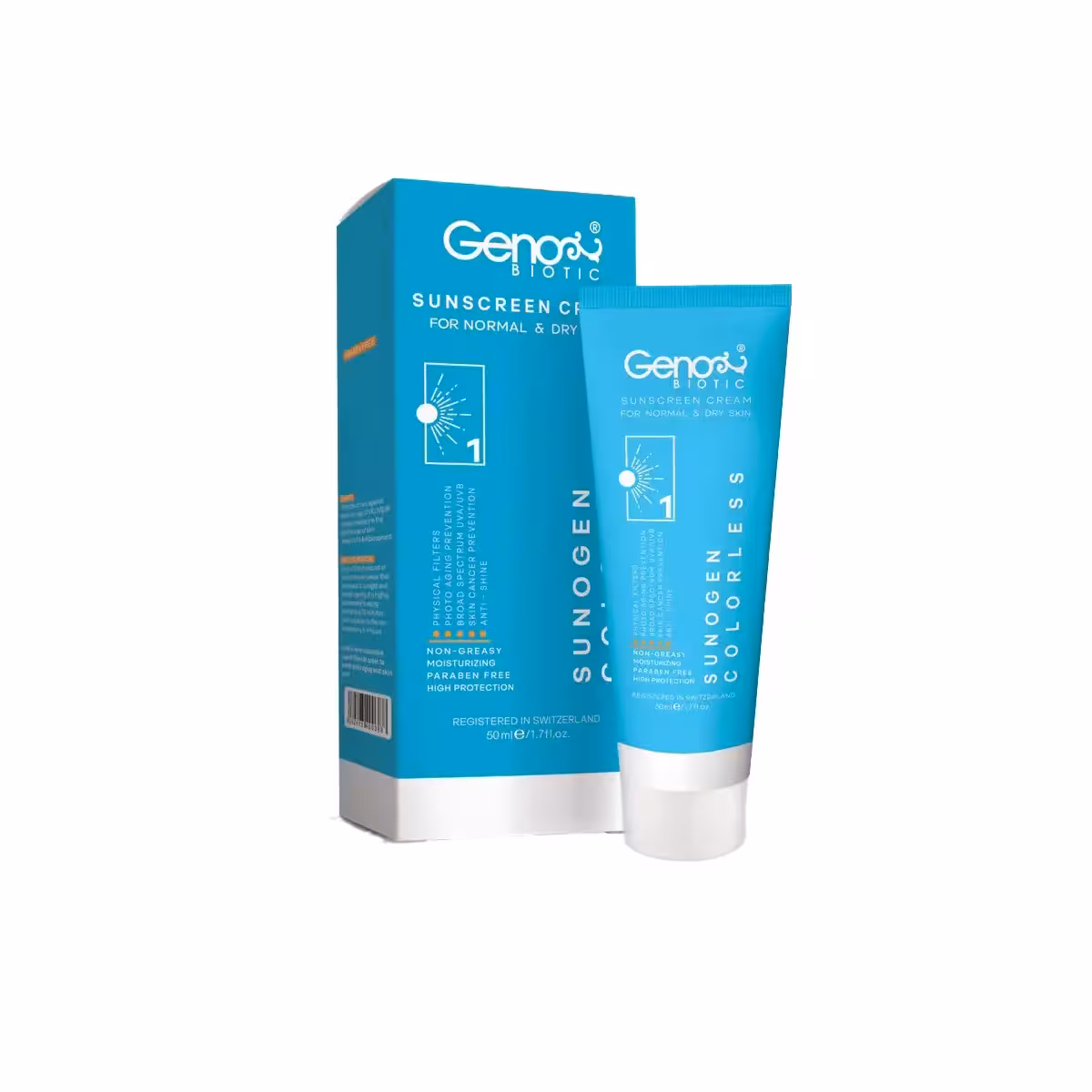 کرم ضد آفتاب ژنوبایوتیک بی رنگ مدل سانوژن SPF50 مناسب پوست خشک و معمولی 50 میل