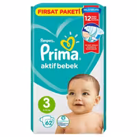 پوشک بچه پریما مدل Aktif bebek سایز 3 بسته 62 عددی