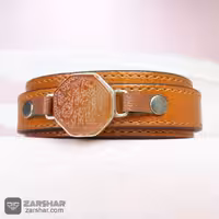 دستبند چرم و نقره هشت ضلعی عقیق پرتقالی یا ابوالفضل العباس