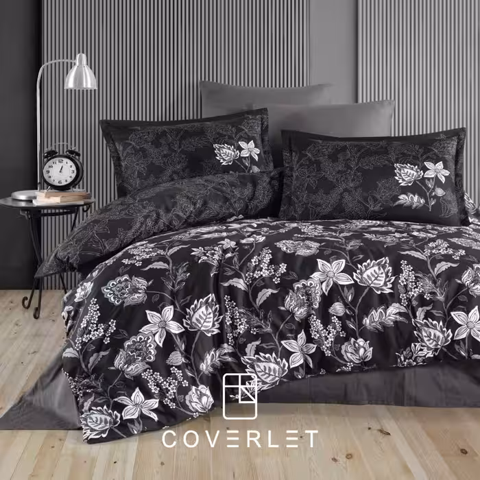 روتختی مشکی طوسی طرح برگ و گل دونفره کاوری مدل Vilya