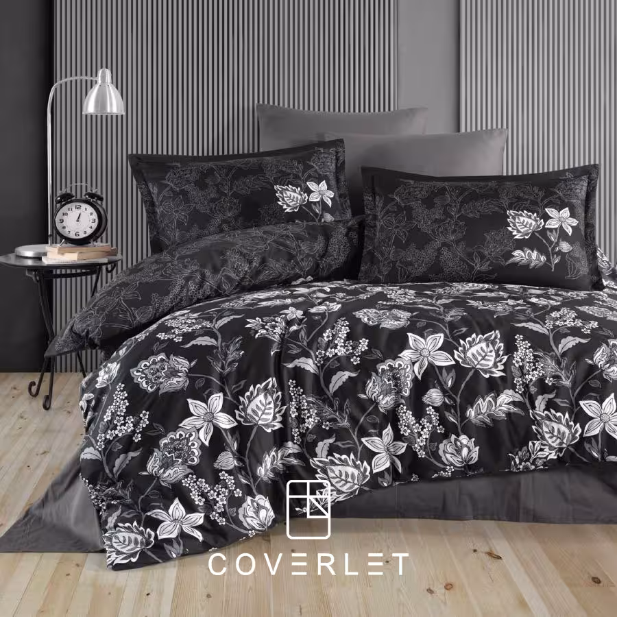 روتختی مشکی طوسی طرح برگ و گل دونفره کاوری مدل Vilya