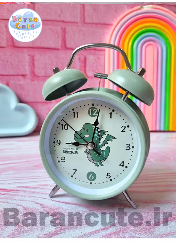 ساعت رومیزی سایز بزرگ فانتزی زنگ دار بدنه فلزی طرح دایناسور سبز