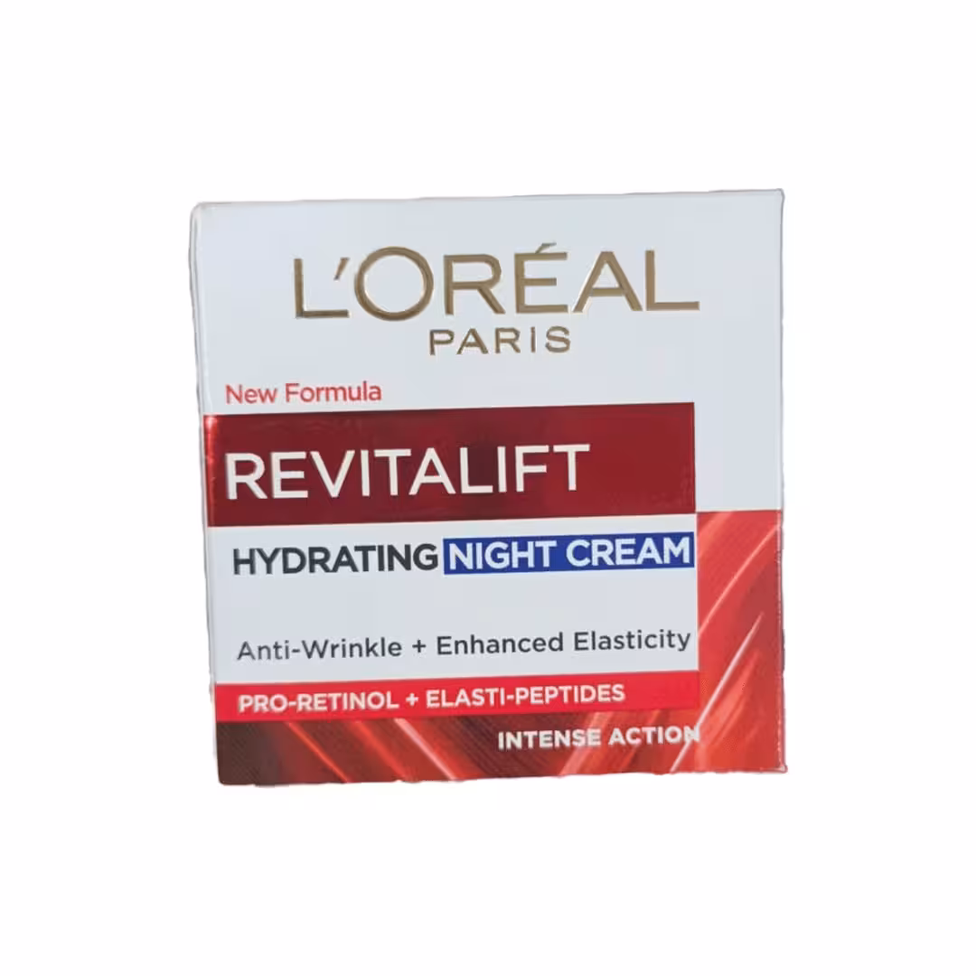 کرم رویتالیفت شب لورال LOreal Revitalift Hydrating Night Cream Anti Wrinkle Enhanced Elasticity Pro-Retinol Elasti-Peptide 50 ML