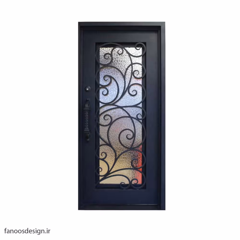 درب فلزی فرفورژه لوکس تک لنگه و شیشه خور کد 1096