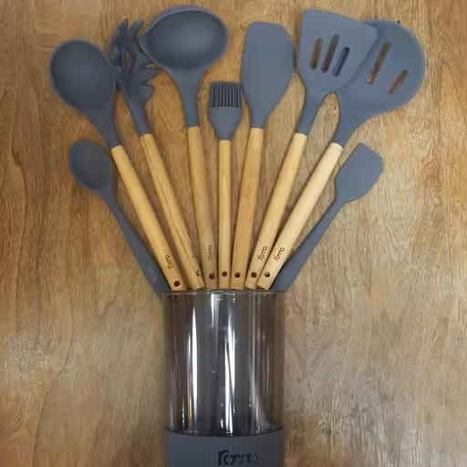 ست کفگیر ملاقه سیلیکونی دسته بامبو روما Roma رنگ ذغالی