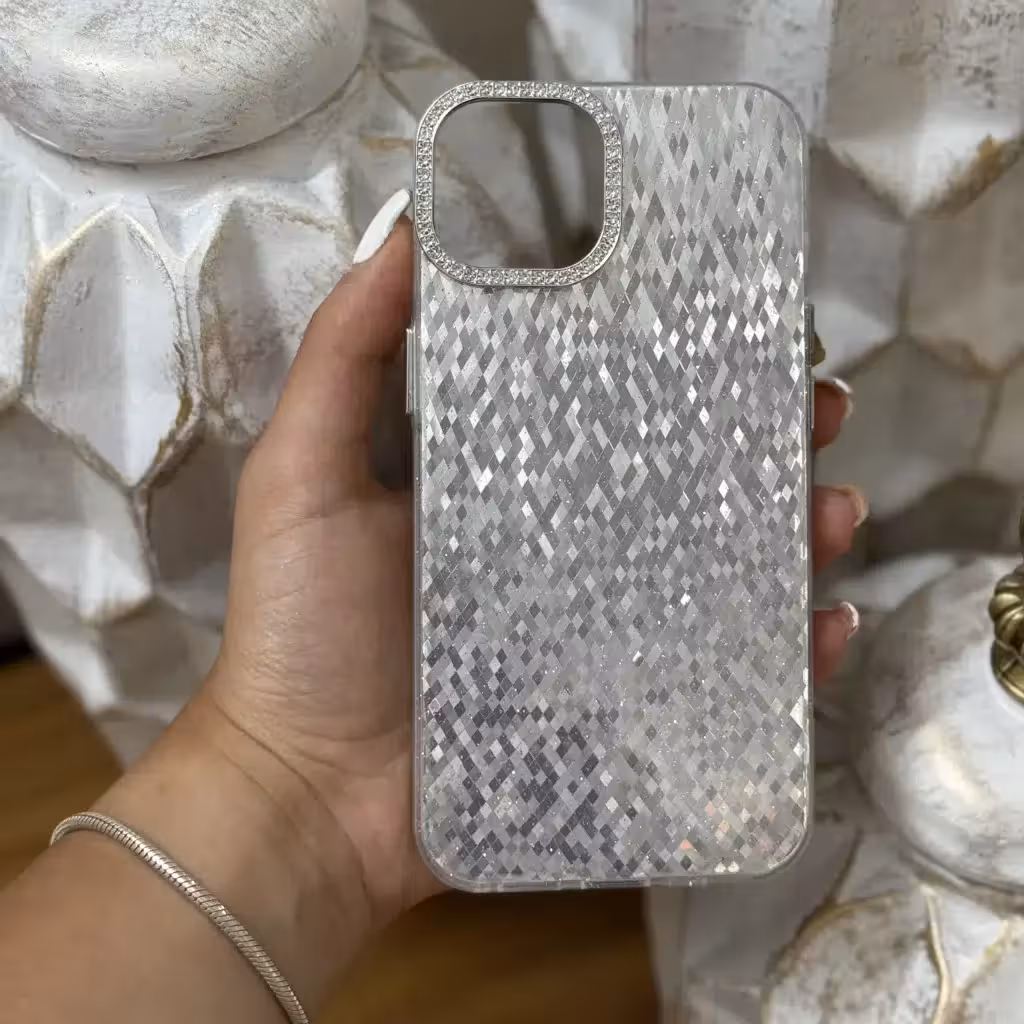 قاب شاین دور لنز نگین دار مناسب آیفون Iphone 14 نقره ای