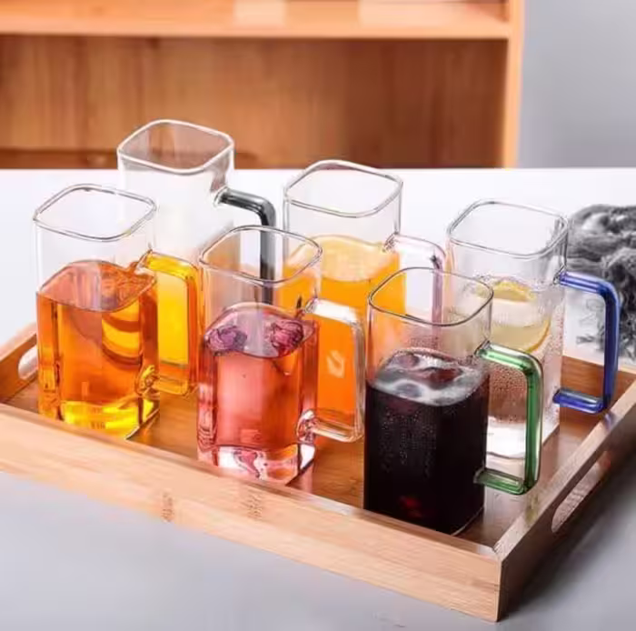 لیوان مربعی دسته رنگی پیرکس 4 عددی