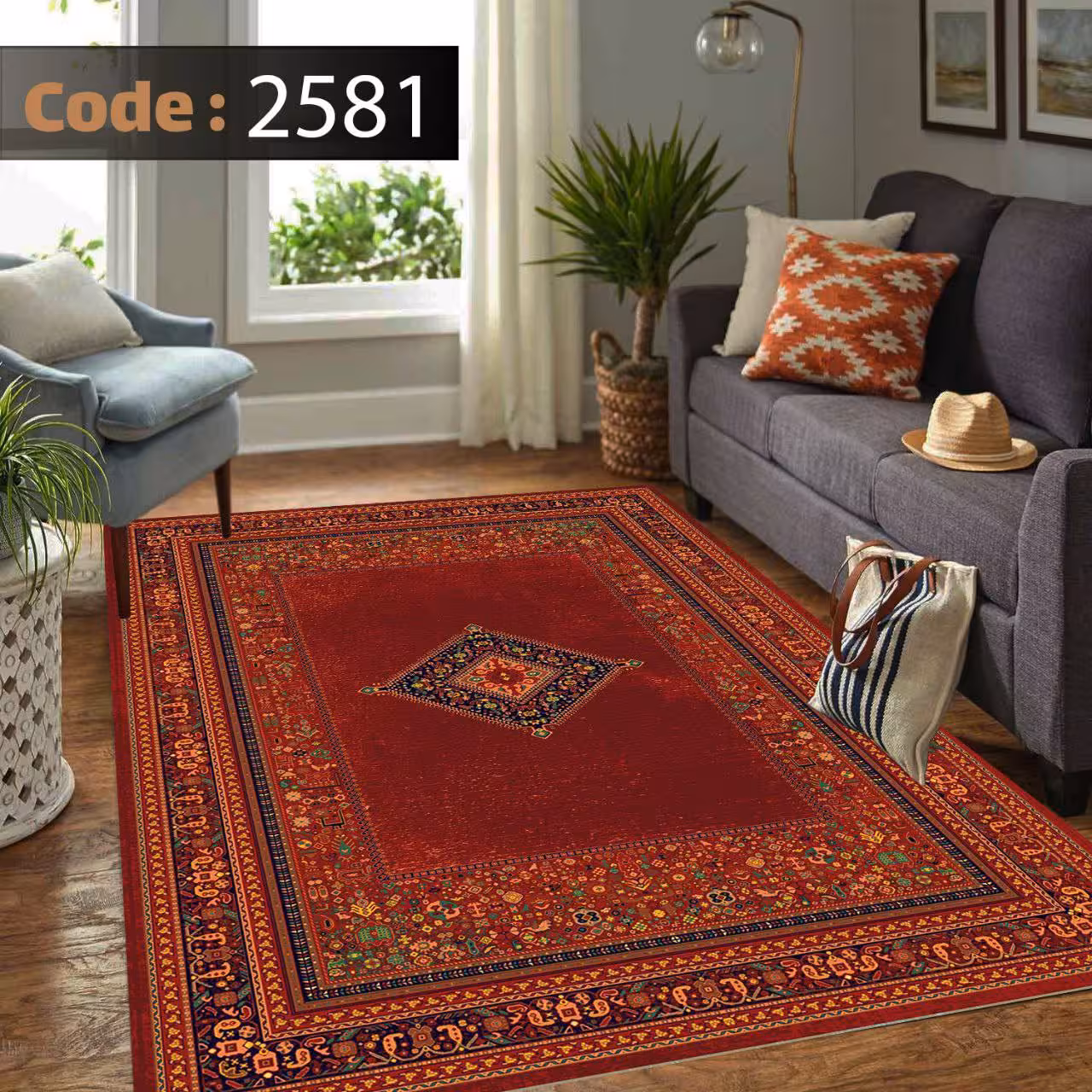 کاورفرش روفرشی دورکشدار گوشه لیفه ای لاکی ، آبی و متنوع کد 2581