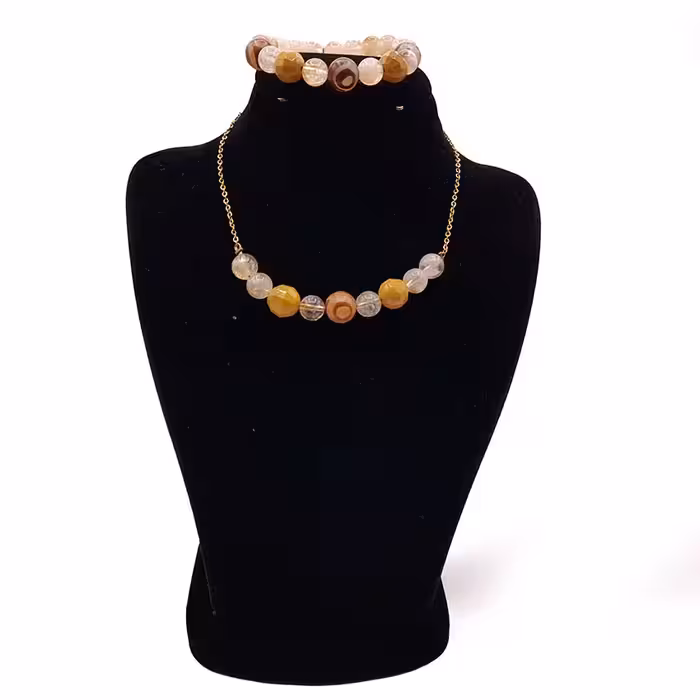 ست دستبند و گردنبند سنگ سیترین ، موکائیت و مهره تبتی کد 320080