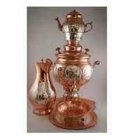 سرویس سماور زغالی مس آب دورنگ قلمزنی هخامنش سایز 6 کد 101540