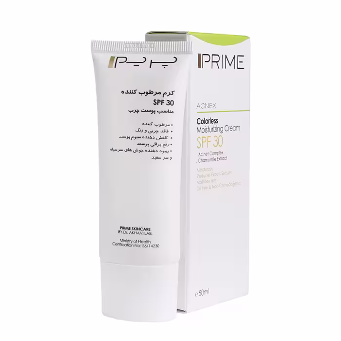ضدآفتاب و مرطوب کننده بی رنگ spf30 فاقدچربی پوست مختلط تا چرب پریم