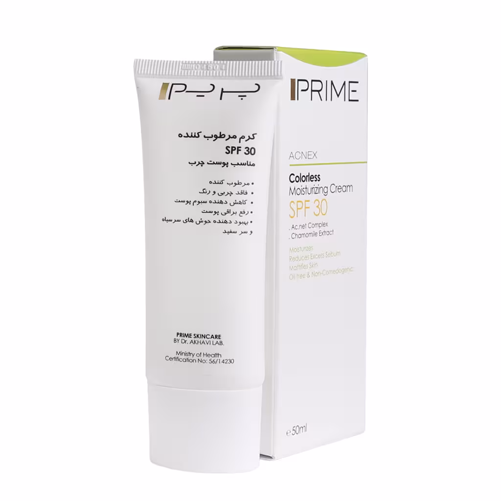ضدآفتاب و مرطوب کننده بی رنگ spf30 فاقدچربی پوست مختلط تا چرب پریم