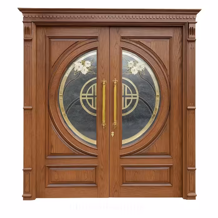درب چوبی دو لنگه با شیشه دکوراتیو گرد و طراحی کلاسیک کد 30227