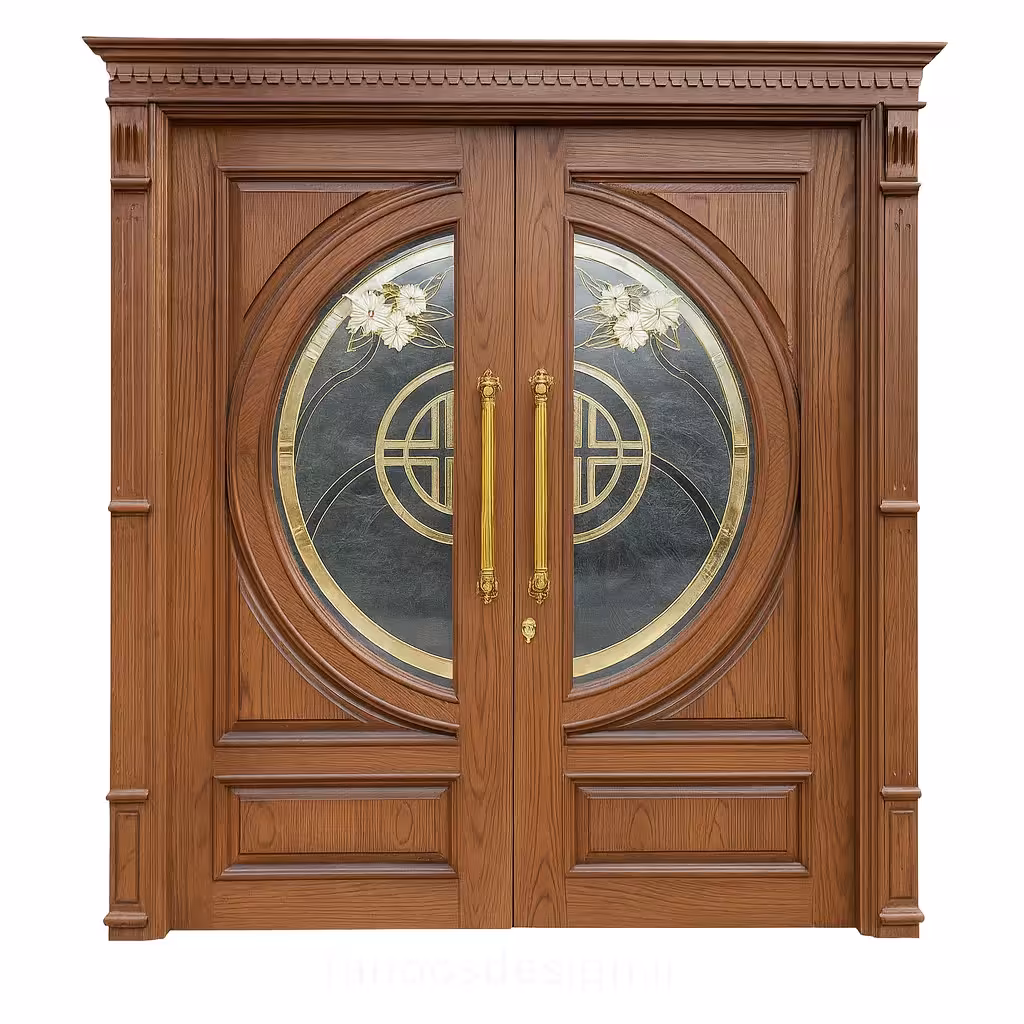درب چوبی دو لنگه با شیشه دکوراتیو گرد و طراحی کلاسیک کد 30227