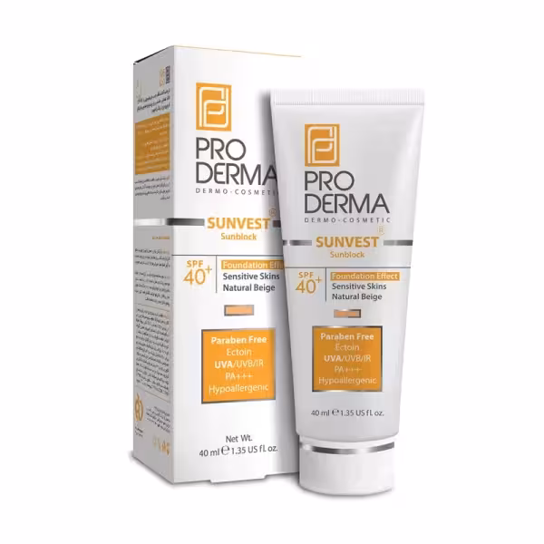 کرم ضدآفتاب فیزیکال رنگی SPF40 مناسب پوست حساس پرودرما 40 میلی لیتر بژ طبیعی Sunvest Sunscreen SPF90 All Skin ProDerma Nature Bieghe 40ml