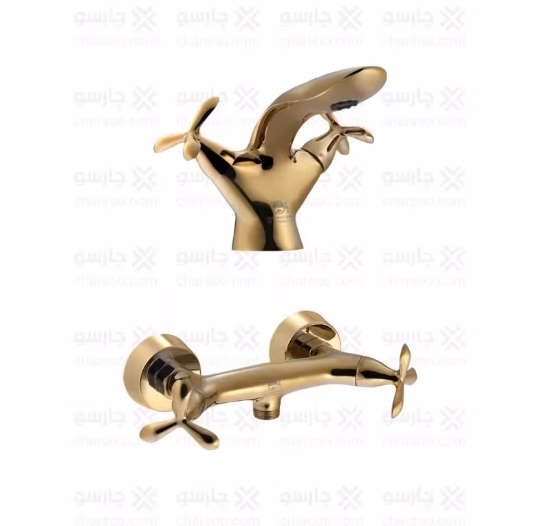 ست دو تکه شیر روشویی و توالت درخشان مدل آنتیک طلایی