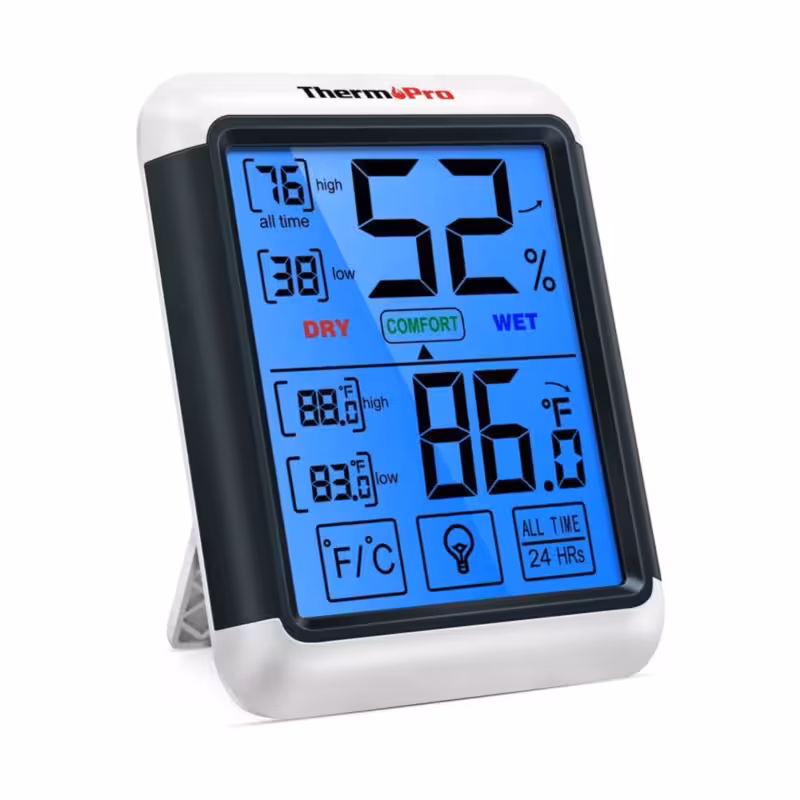 ترمومتر دیجیتال ThermoPro TP55 | اندازه‌گیری دما و رطوبت محیط داخلی | مجهز به صفحه نمایش بزرگ LCD با نور پس‌زمینه | نمایش سریع و دقیق شرایط محیطی | ابزار حرفه‌ای برای خانه، دفتر و محیط‌های آموزشی