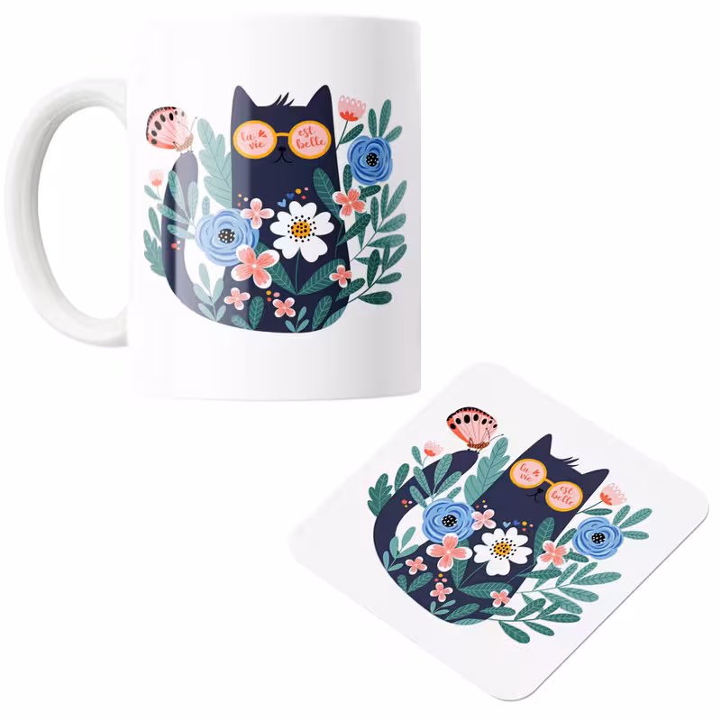 خرید ماگ-لیوان  گربه با عینک آفتابی در میان گل ها کد DKC445 بدون زیر لیوانی