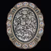 تابلو قلمزنی با قاب خاتم کاری بیضی گل و بلبل 70در90