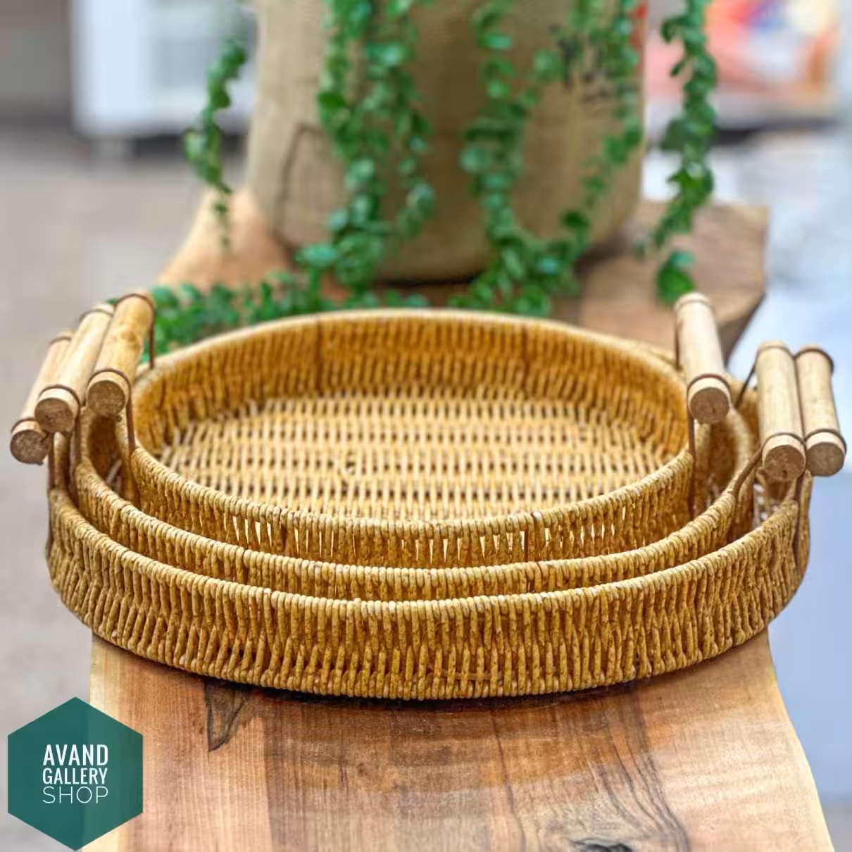 سینی حصیری دسته بامبو گرد