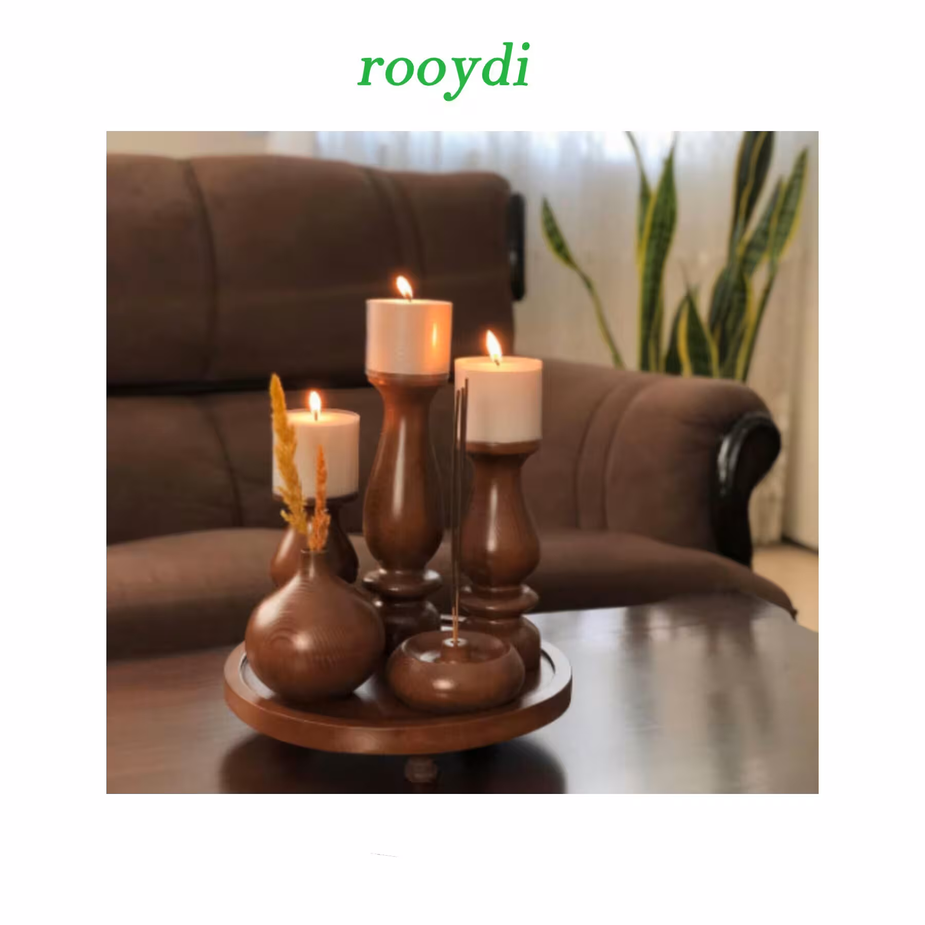 ست جاشمعی و جاعودی گلدان چوبی رنگ قهوه ای پوشش سیلرکیلر