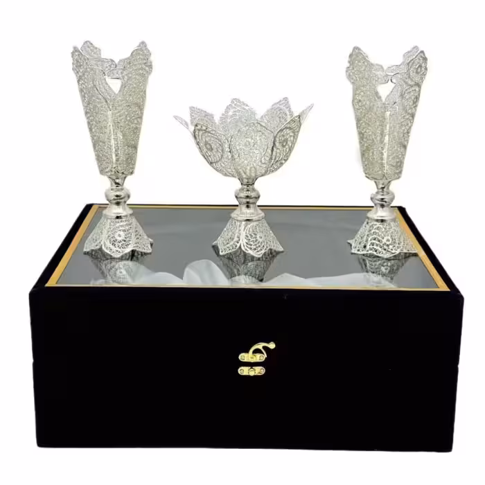 ست هدیه نقره گلدان ملیله کاری و قندان  تاجی