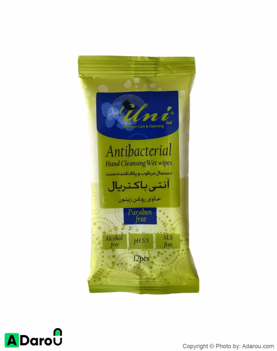 دستمال مرطوب ضدعفونی‌کننده دست آنتی باکتریال 12 برگی حاوی روغن زیتون یونی‌لد Uni Led