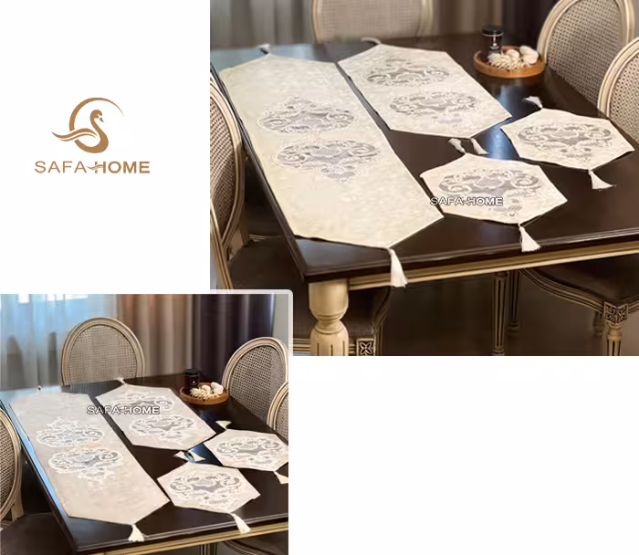 رومیزی 4 تکه مخمل دانتل گل برجسته سلطنتی