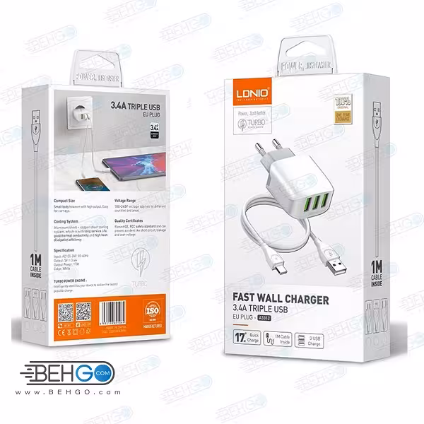 شارژر دیواری LDNIO الدینیو مدل A3312 همراه کابل تایپ سی اصلی