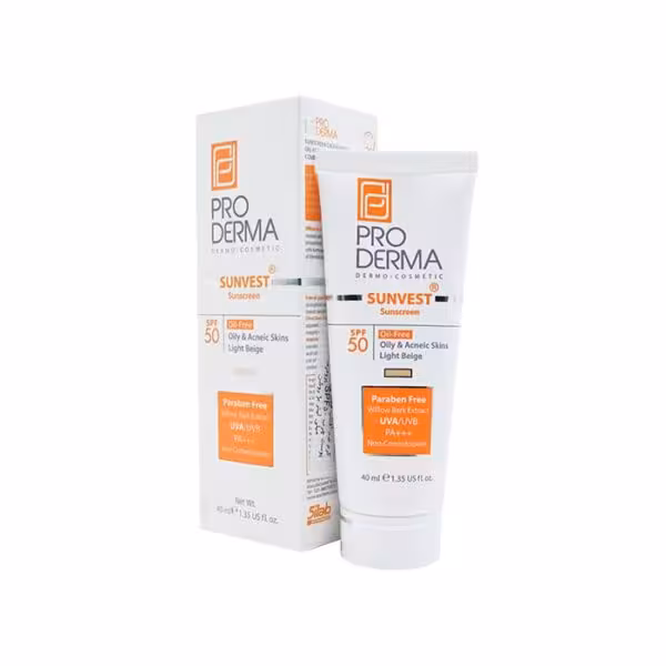 کرم ضد آفتاب فاقد چربی SPF50 پرودرما رنگ بژ روشن  Pro Derma Sunscreen SPF50 Oil Free cream