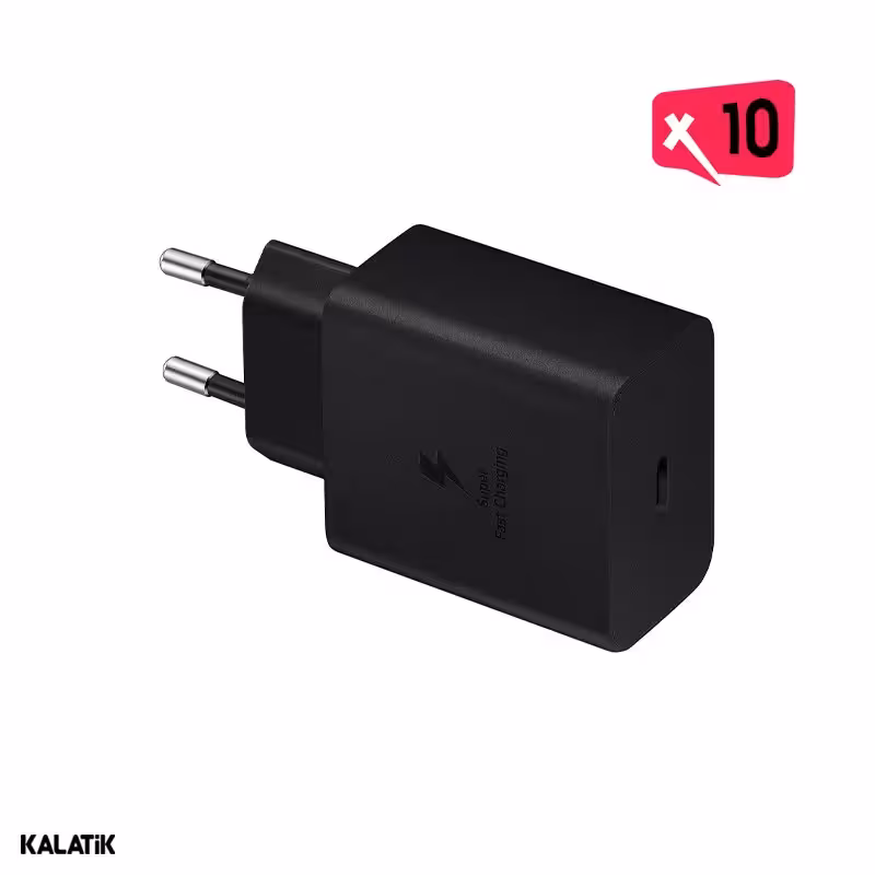 شارژر دیواری 45W سامسونگ اصلی مدل EP-T4510 فست PD تک پورت دو پین به همراه کابل USB-C به USB-C-بسته 10 عددی-شارسل