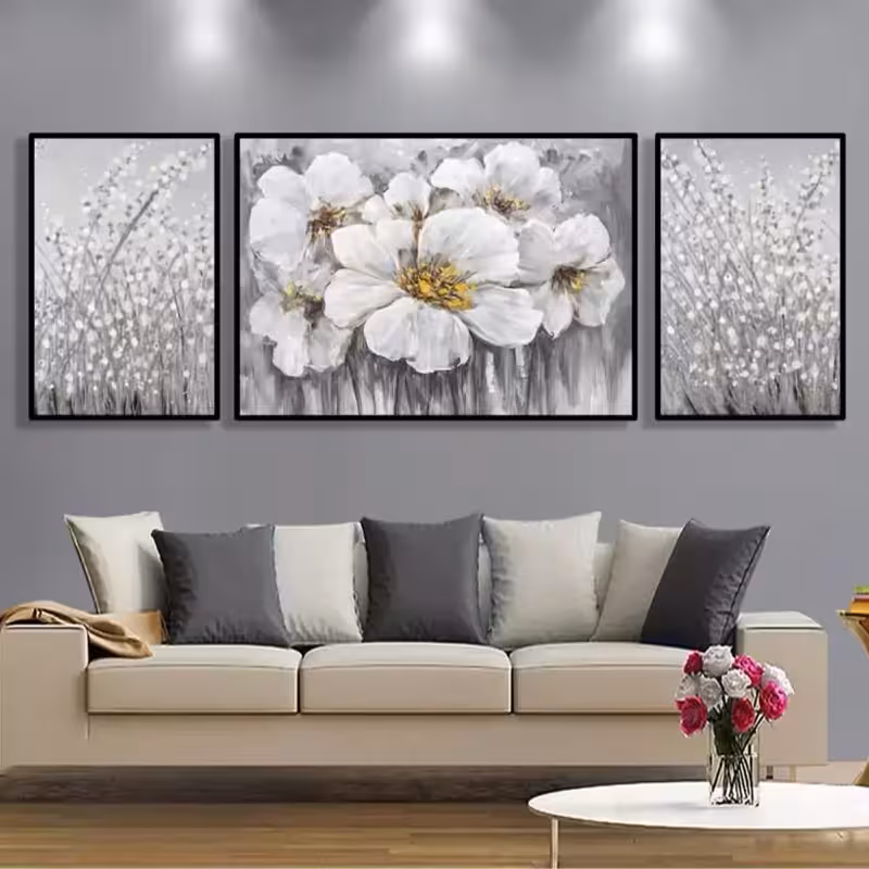 تابلو دکوراتیو  گل های سفید با شکوفه های ریز سه تیکه نامنظم | دنیای قاب