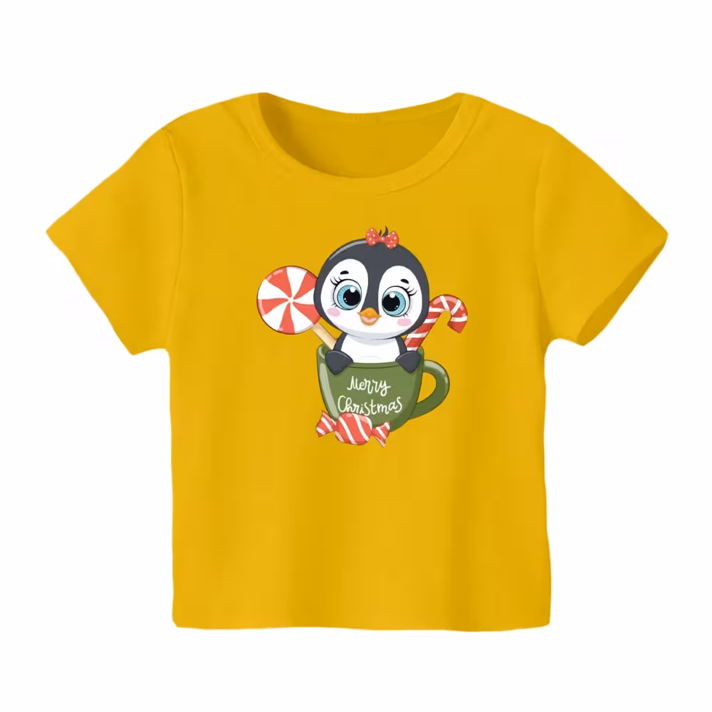 تی شرت آستین کوتاه بچگانه مدل پنگوئن کریسمس کد 5 رنگ زرد
