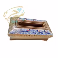 جعبه دستمال کاغذی خاتم کاری مدل گل و مرغ آبی