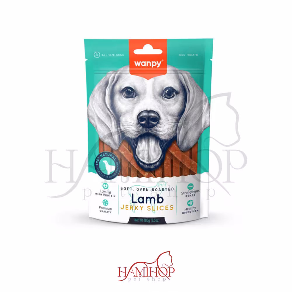 تشویقی سگ ونپی مدل نوار های جرکی با طعم بره 100 گرمwanpy lamb jerky slices