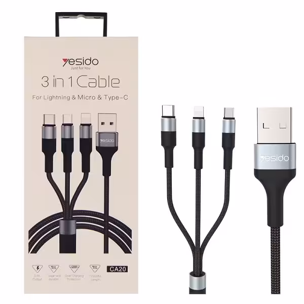 کابل شارژ اصلی ایفون ، میکرو و تایپ سی اورجینال برند یسیدو مدل CA20 کابل سه سر