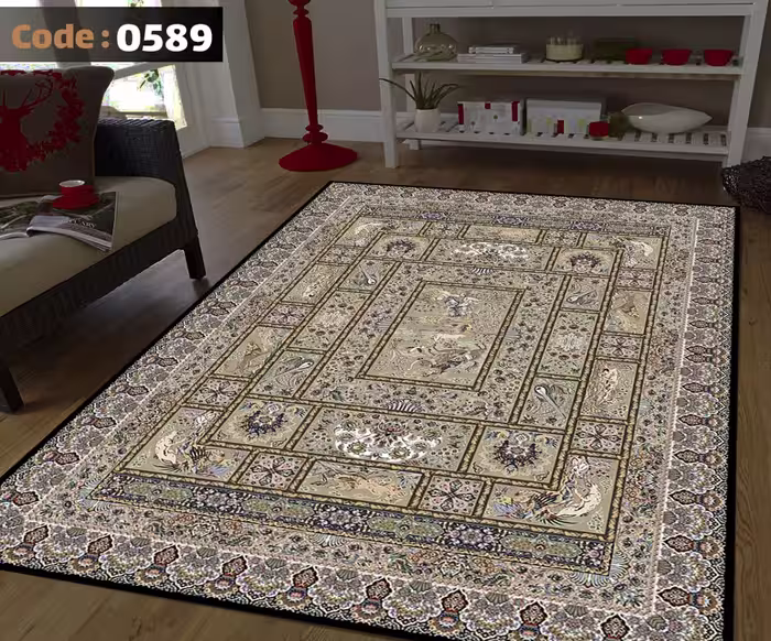 کاورفرش روفرشی دورکشدار گوشه لیفه ای کرم  قهوه ای کد 0589