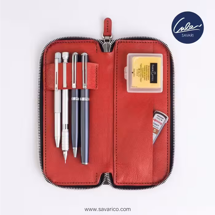 جا قلمی ( کیف قلم ) تمام چرم طبیعی زیپ دار برند سواری SAVARI ( مدل S-15 )