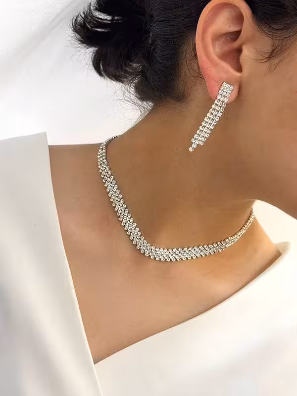 نیمست زنانه فول نگین مجلسی جواهری رنگ نقره ای