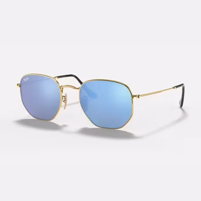 قیمت و خرید عینک آفتابی فریم طلایی با لنز آبی روشن ری بن مدل HEXAGONAL FLAT LENSES اورجینال