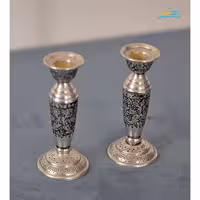 شمعدان قلمزنی برنجی قلم دست اعلاء با آبکاری کوره ای نقره