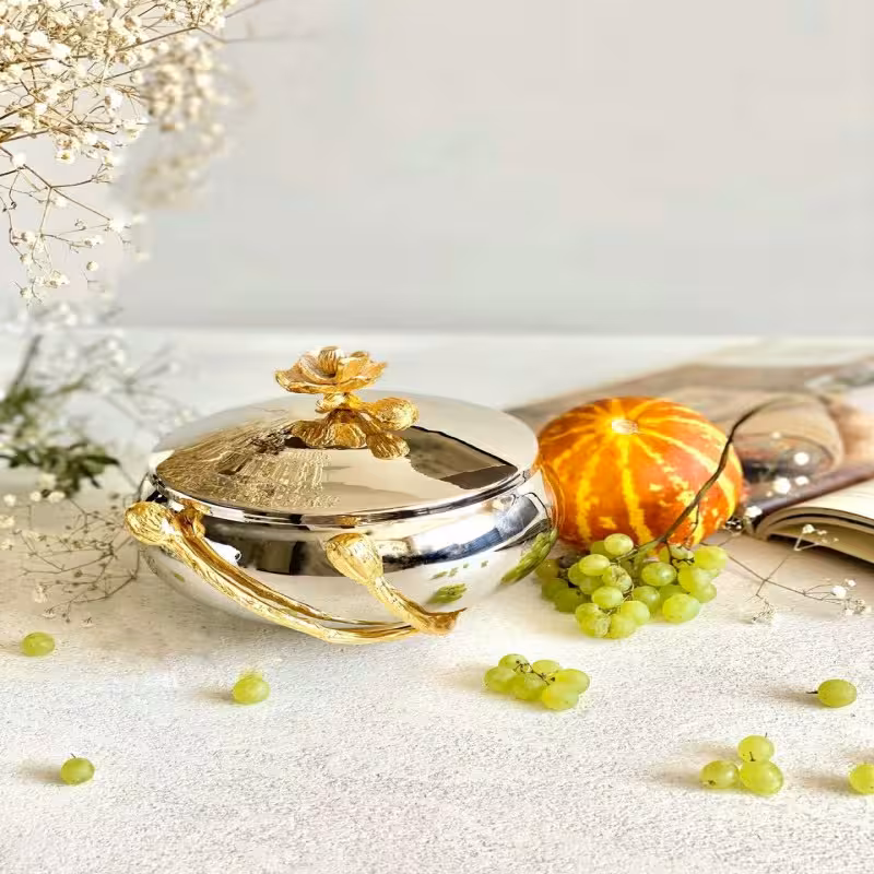 شکلات خوری استیل و برنج درب دار طرح گل شقایق مدل 228126