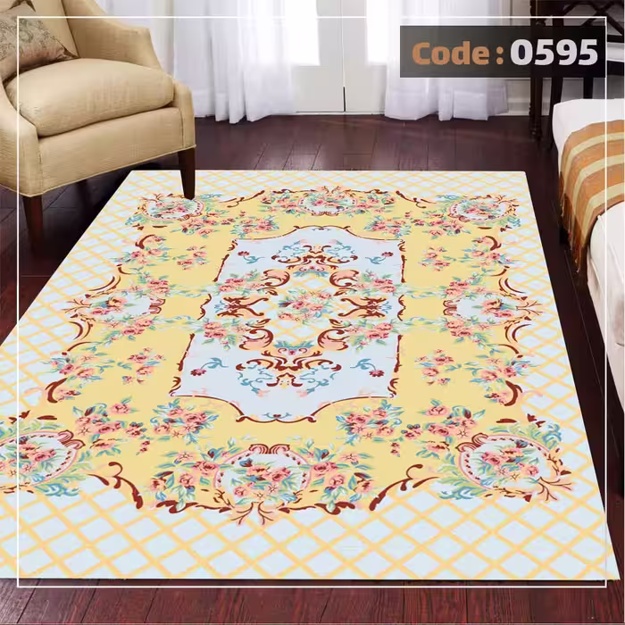کاورفرش روفرشی دورکشدار گوشه لیفه ای لاکی ، آبی و متنوع کد 0595