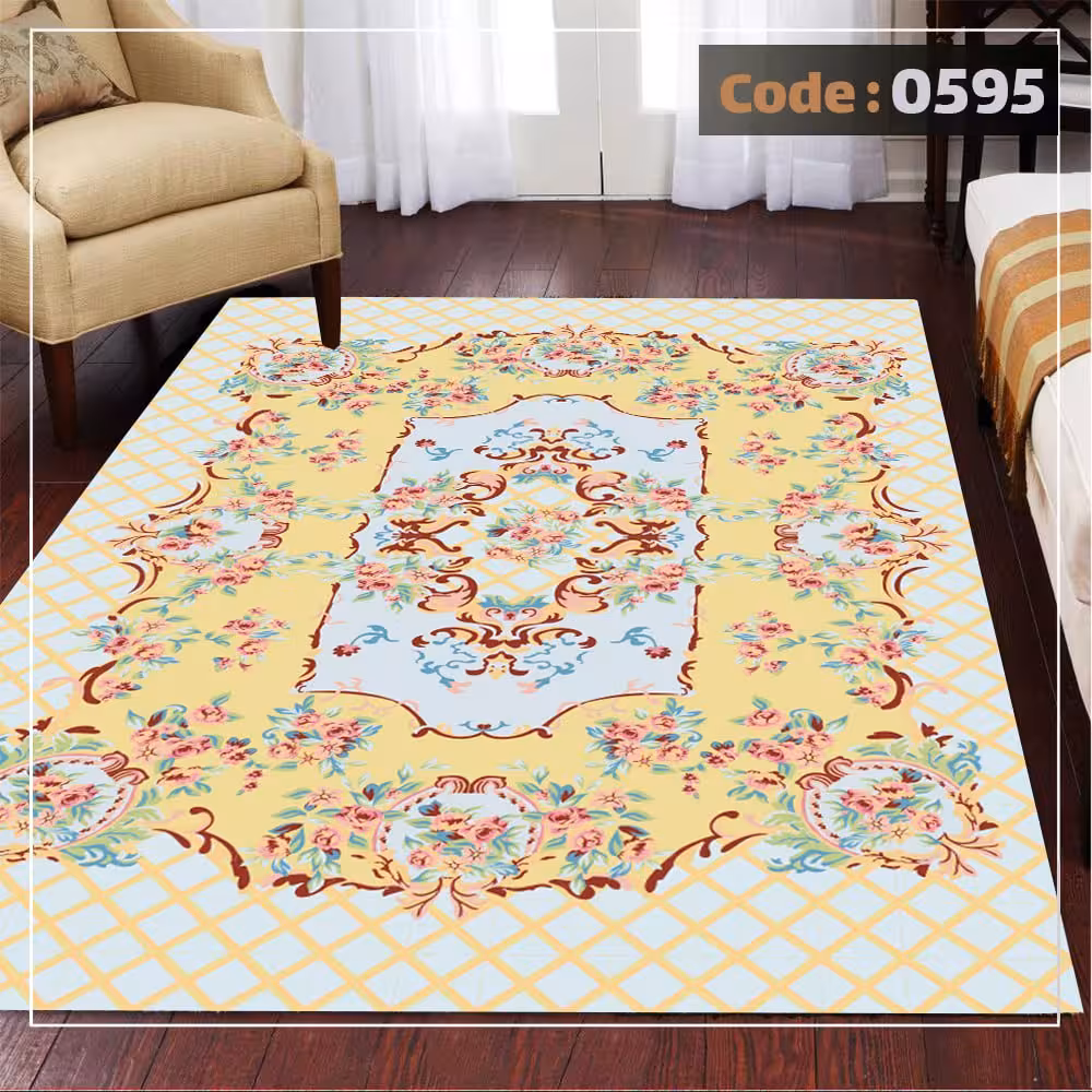 کاورفرش روفرشی دورکشدار گوشه لیفه ای لاکی ، آبی و متنوع کد 0595