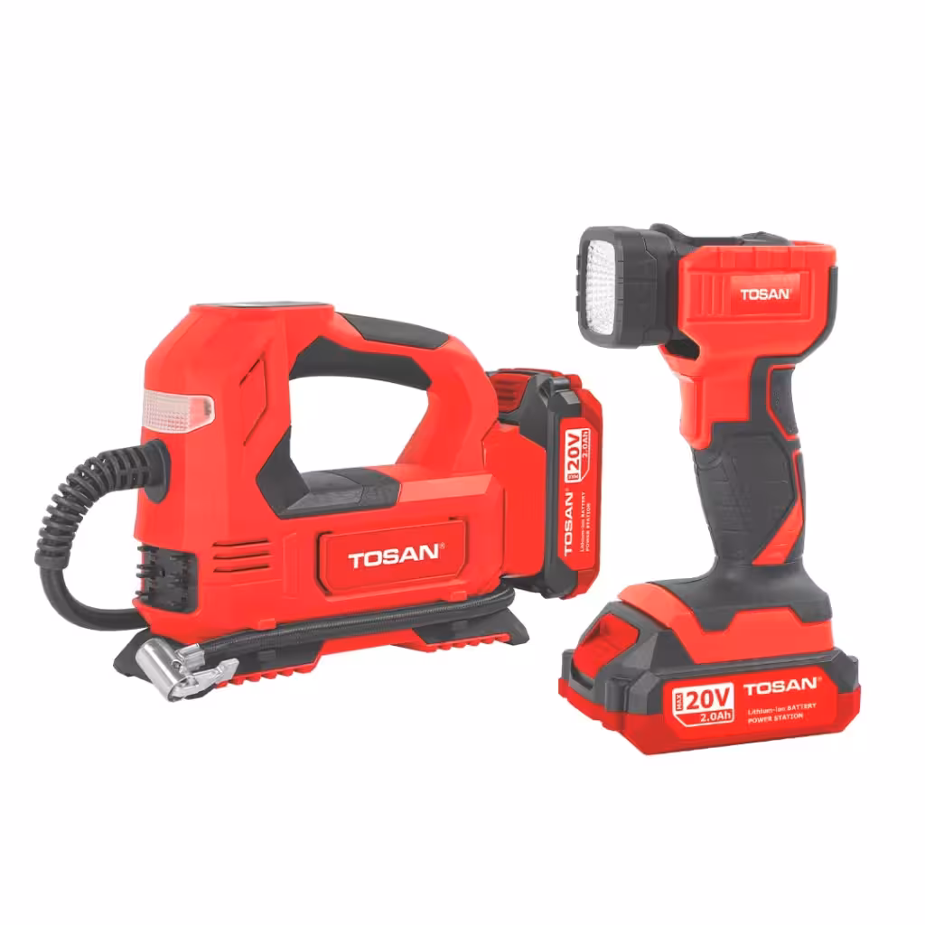 کیت کمپرسور فندکی و چراغ قوه شارژی 20 ولت توسن مدل 9799K کیف برزنتی