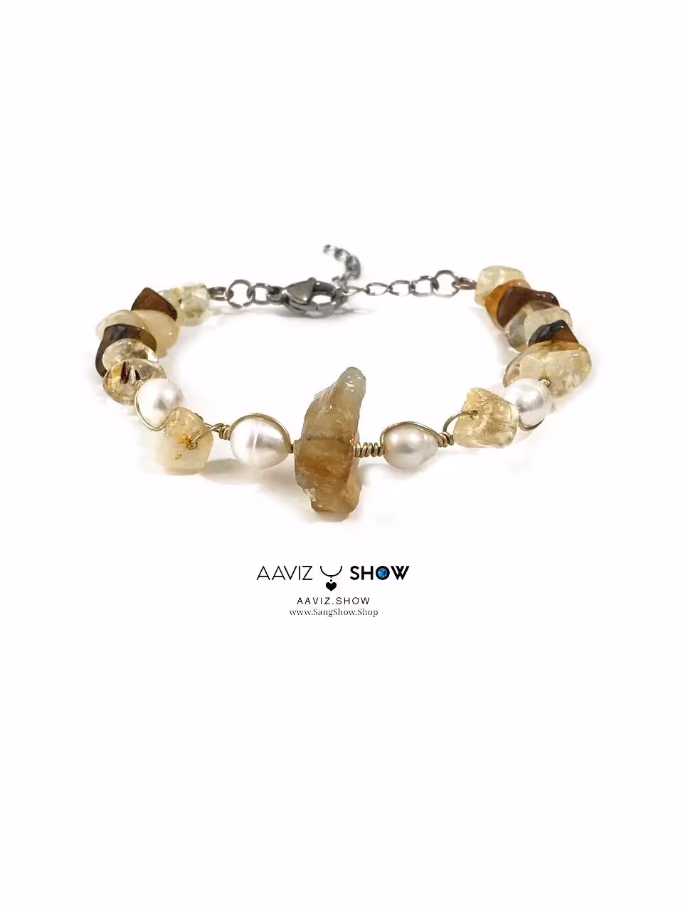دستبند مروارید پرورشی اصل و زیبا بهمراه سنگ سیترین و چشم ببر نمونه معدنی D043