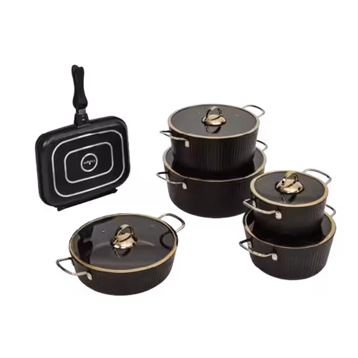 سرویس قابلمه یونیک فلورانس مشکی 12 پارچه درب فلت UN-8422